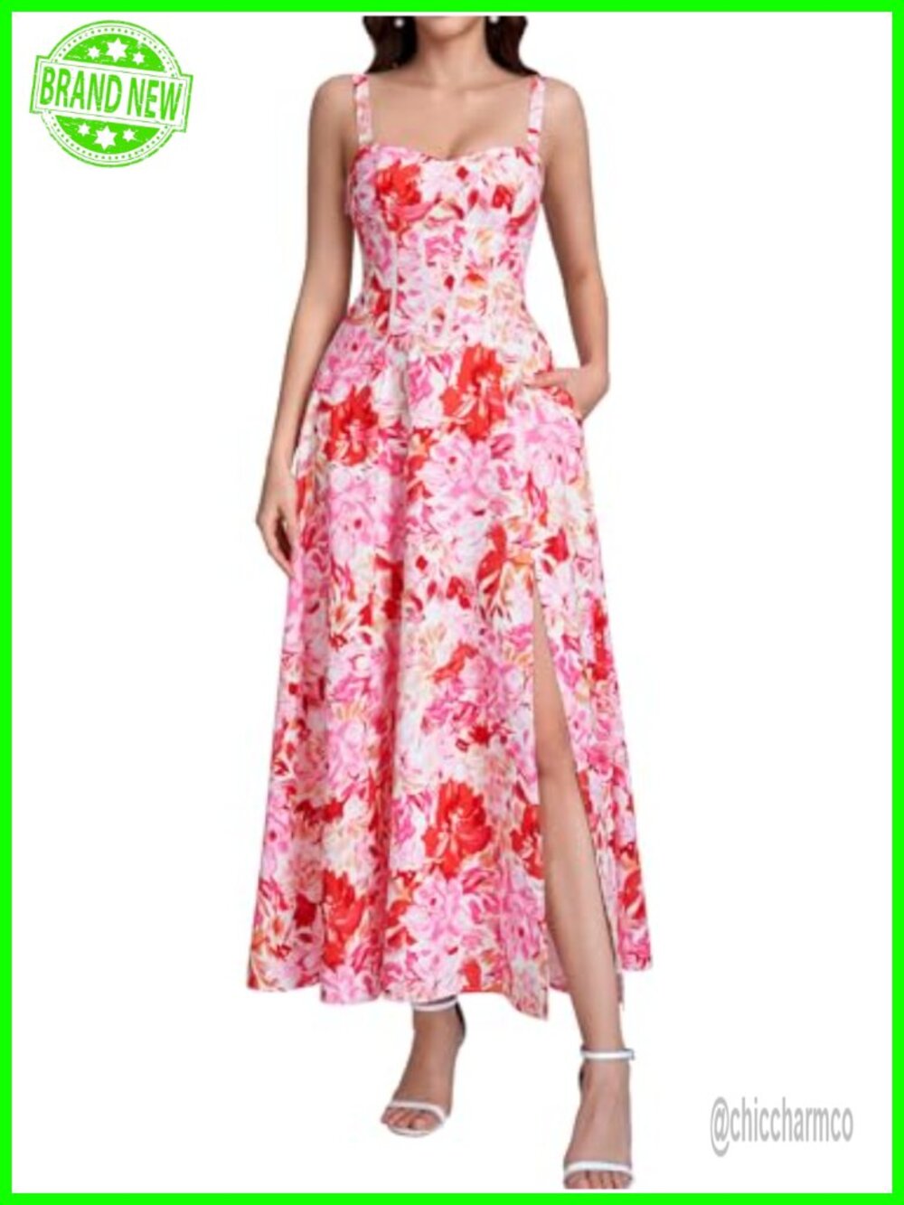 Parthea Floral Corset Midi Dress with Lace Waist & Side Slit
